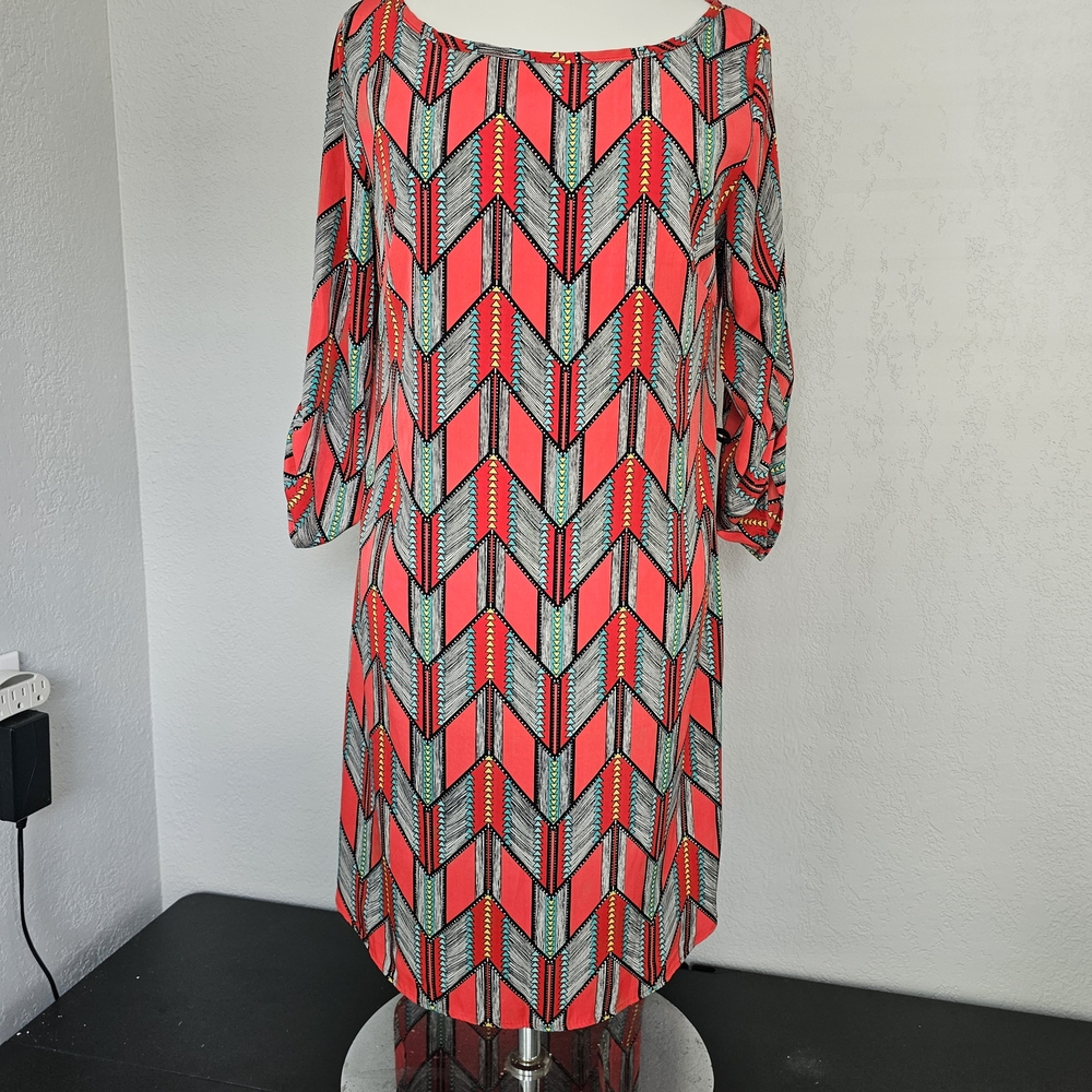 Chevron Patterned Aztex Red and Green Dress